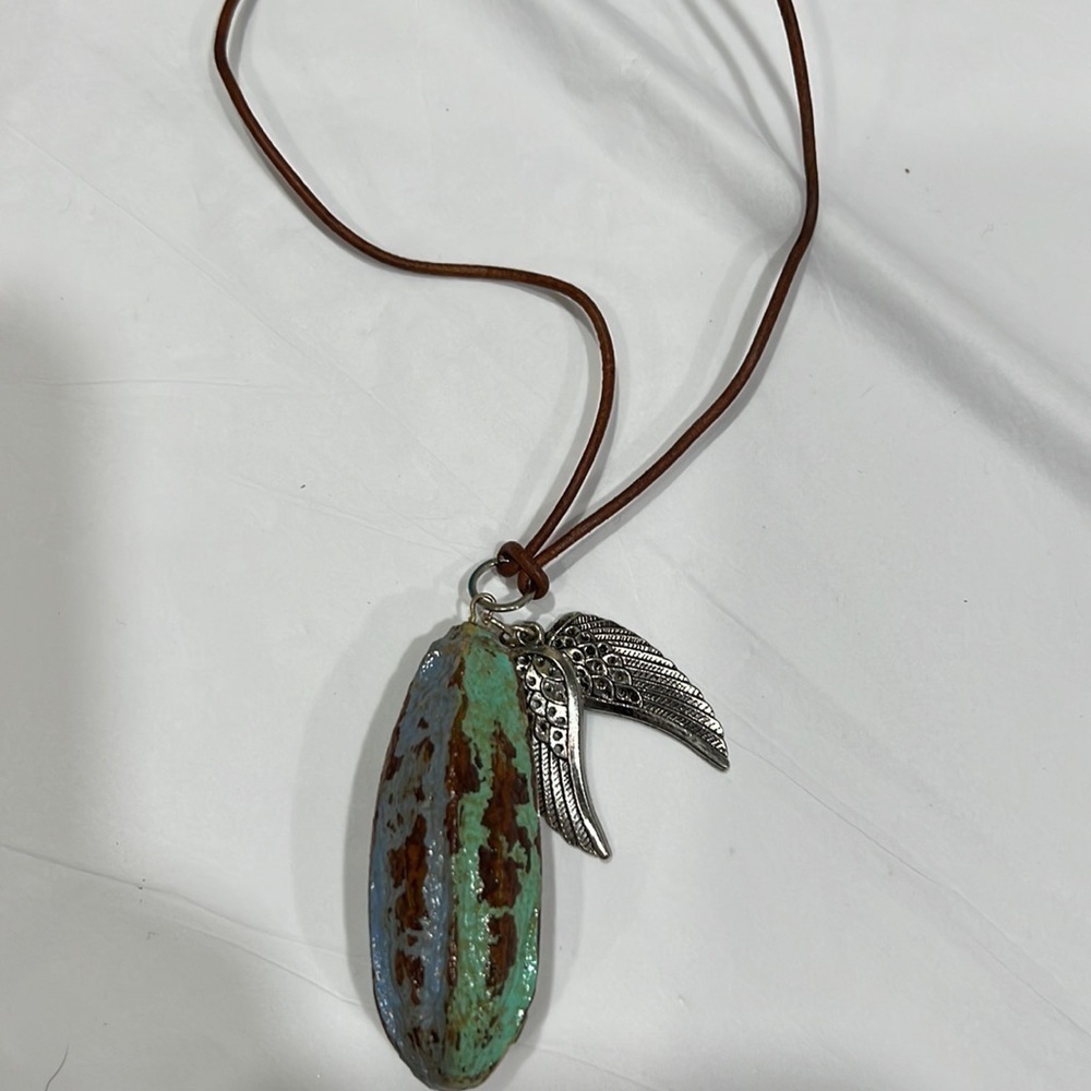 BOHO Unique Necklace Hand Painted Large Bead With Angel Wing Charms